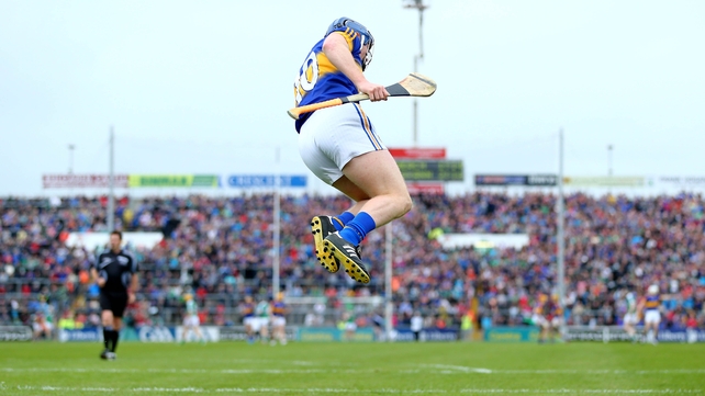 Tipperary's Jason Forde celebrates scoring a goal against Limerick during the Munster Hurling Championship semi-final on Sunday