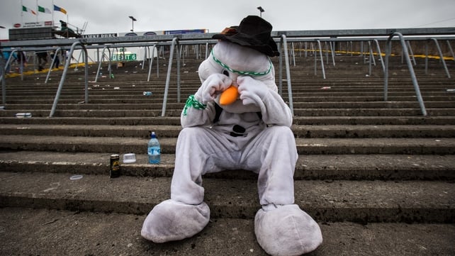 Limerick supporter 'The Snowman's Gift' sits behind on the terrace after the Munster Hurling Championship semi-final on Sunday