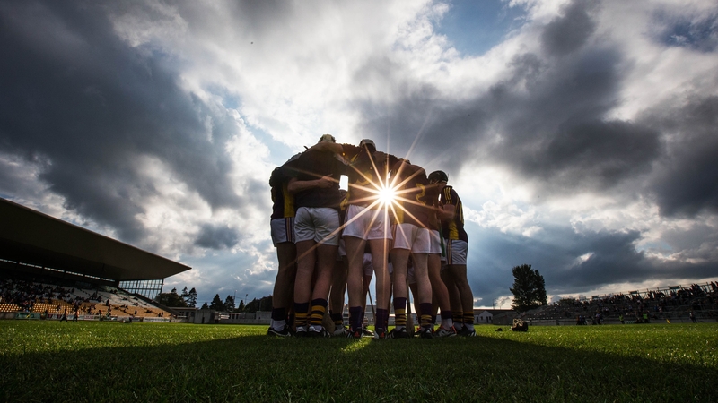 Wexford team huddle before the Leinster Under-21 Hurling Championship semi-final against Offaly on Wednesday