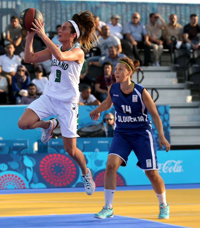 Hang-time for Ireland's Grainne Dwyer during Ireland's 3x3 basketball game against Slovenia on Tuesday at the European Games in Baku