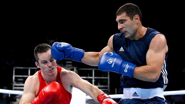Ireland's Darren O'Neill in action against Gevorg Manukian (blue) of Ukraine on Wednesday at the European Games in Baku