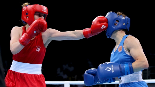 Ireland's Michaela Walsh (red) in action against Elena Saveleva (blue) of Russia at the European Games on Saturday