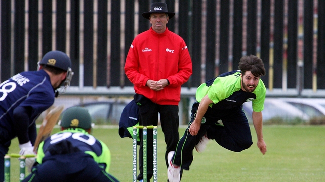 Ireland's Tyrone Kane, who took three wickets on his debut, bowls during the Ireland v Scotland T20 international on Thursday