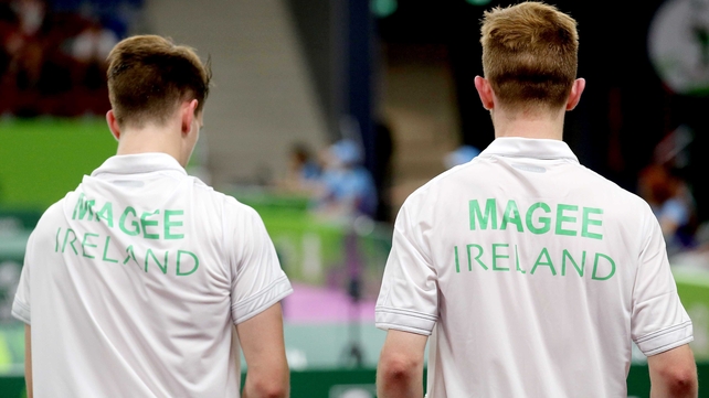 Ireland's Sam Magee and Joshua Magee during the men's badminton doubles group stage on Tuesday at the European Games