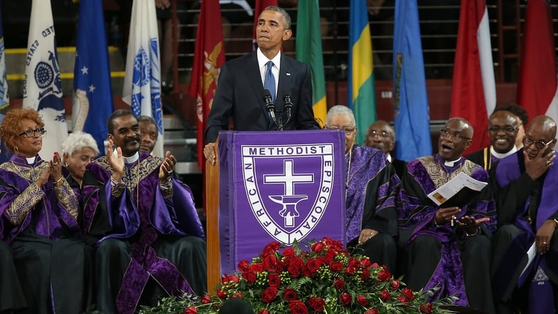 US President Barack Obama delivers the eulogy at the funeral of Reverend Clementa Pinckney