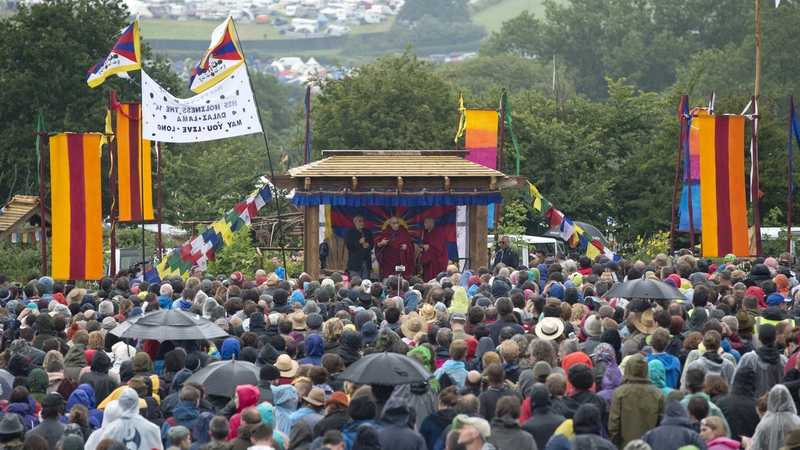 The Dalai Lama addresses an audience in the Stone Circle on the fifth day of Glastonbury