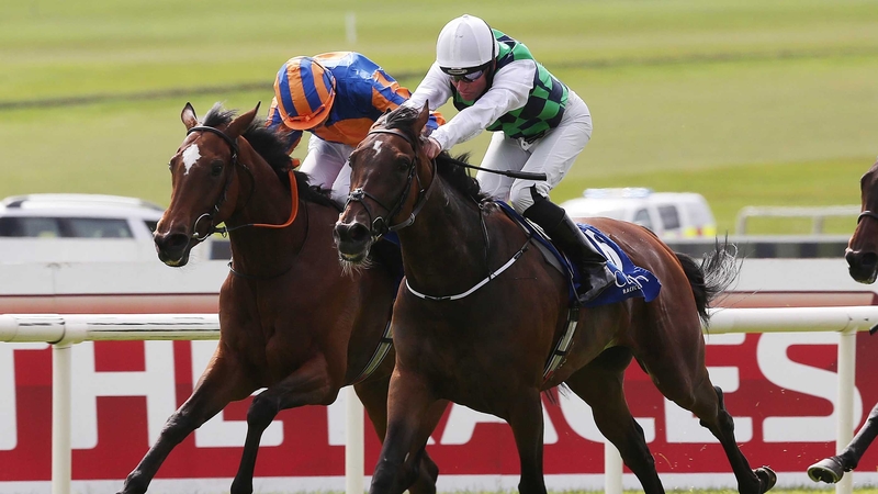 Seamie Heffernan on Diamondsandrubies (white hat) wins from Legatissimo ridden by Ryan Moore