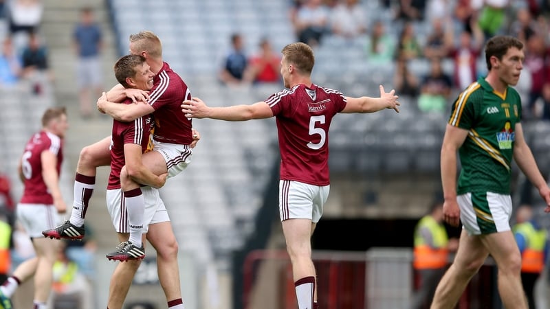 Westmeath players celebrate at the final whistle after their thrilling win over Meath