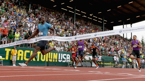 Justin Gatlin crosses the line in 19.57 seconds
