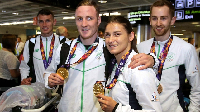 Team Ireland’s homecoming from the Baku European Games at Dublin Airport with gold medal winners Michael O'Reilly and Katie Taylor to the fore