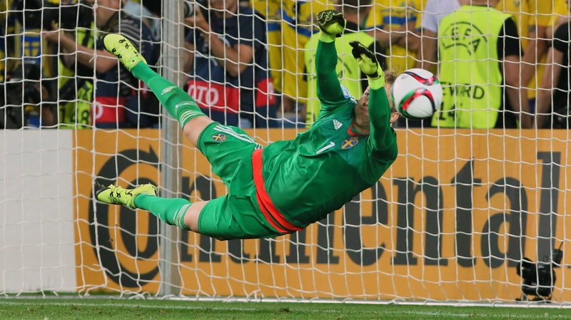 Patrik Carlgren saves from a spotkick to help his side beat Portugal