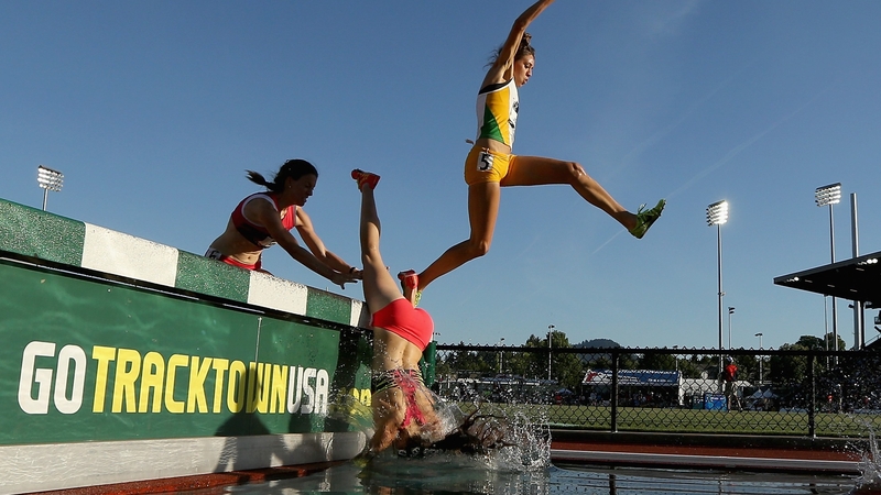 A competitor taked a dramatic tumble during the Women's 3,000 Metre Steeplechase at the USA Outdoor Track & Field Championships in Oregon