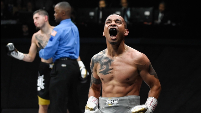 Boxer Arturo Quintero celebrates a TKO win in his lightweight match against Travis Castellon during BKB 3 in Las Vegas