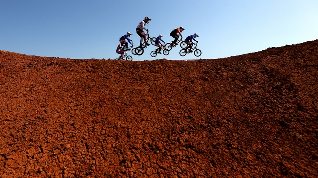Competitors ride in the Men's Cycling BMX Final at the Baku 2015 European Games in Azerbaijan