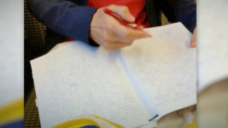 It is reported that the teacher was marking a higher level history paper on the busy train (Pics: Courtesy of Irish Daily Mail)