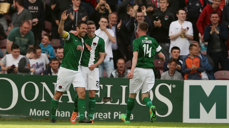 Cork celebrate Alan Bennett's goal