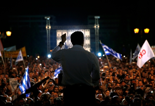 Alexis Tsipras addresses supporters of a 'NO' vote in upcoming referendum at Syntagma Square in Athens