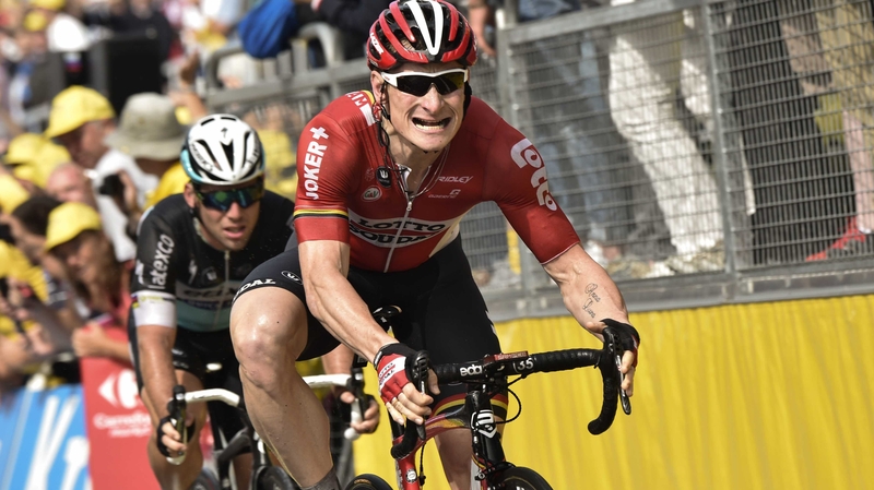 Germany's Andre Greipel (R) reacts after winning the second stage of the Tour de France ahead of Mark Cavendish (L)