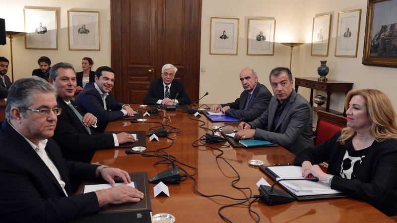 Greece's main political leaders meet President Prokopis Pavlopoulos (C) in Athens