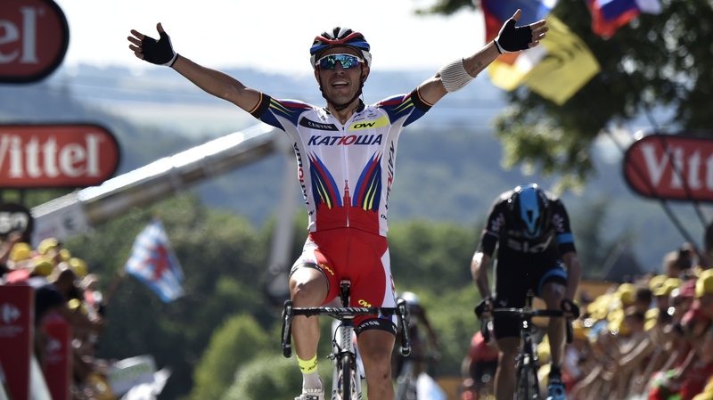 Spain's Joaquim Rodriguez celebrates as he crosses the finish line