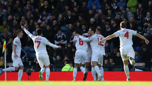 Gibraltar celebrating scoring in their qualifier away to Scotland