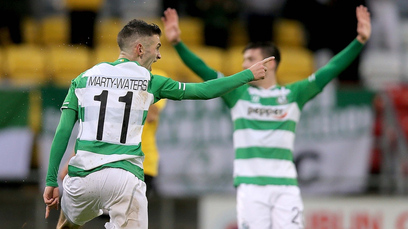 Kieran Marty Waters of Shamrock Rovers celebrates scoring his side's third goal
