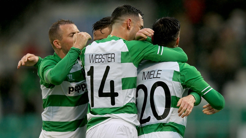 Kieran Marty Waters of Shamrock Rovers celebrates scoring the second goal of the game