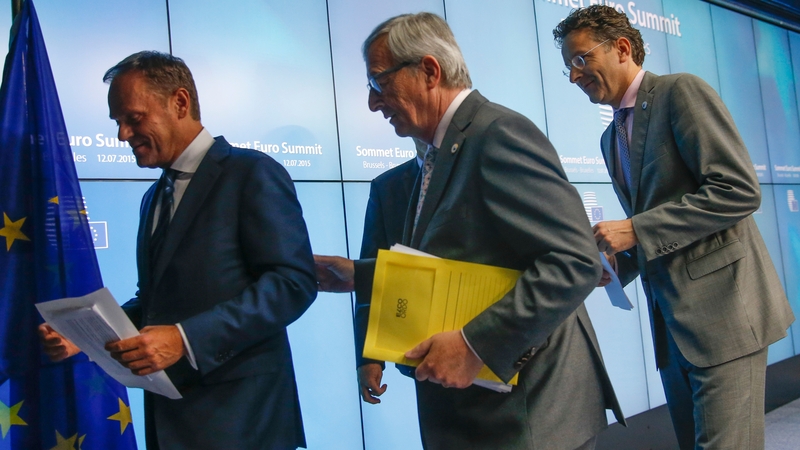 Donald Tusk, Jean-Claude Juncker and Jeroen Dijsselbloem leave after giving a press conference