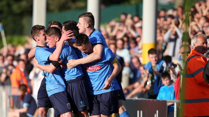 UCD's Ryan Swan celebrates his goal with team-mates after scoring in the first round of qualification
