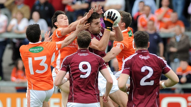 Galway's Fiontan O'Curraoin claims the breaking ball in his side's All-Ireland Football Championship clash with Armagh