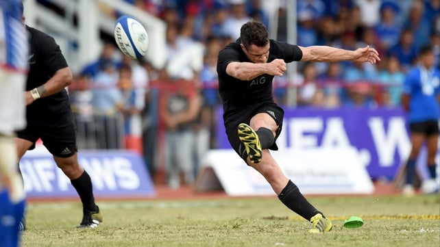 New Zealand out-half Dan Carter kicks a penalty during his team's victory over Samoa in Apia