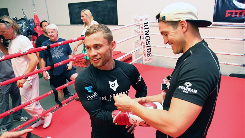 A relaxed Carl Frampton with Shane McGuigan at an open training session