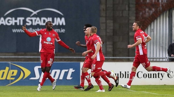 Olivier Occean celebrates scoring his first goal of the evening from the penalty spot