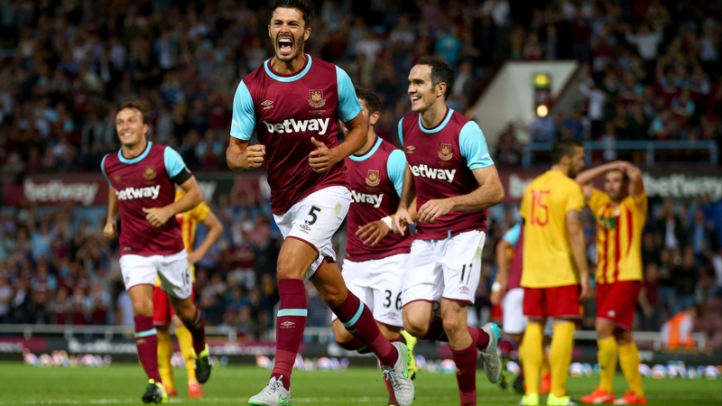 James Tomkins celebrates scoring the only goal of the game at Upton Park
