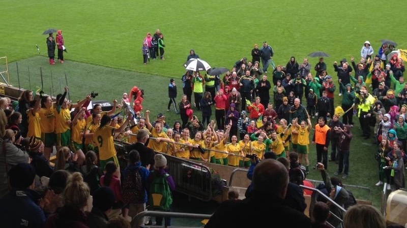 Donegal captain Katy Herron lifts the O'Harte cup. Pic: @UlsterLadies