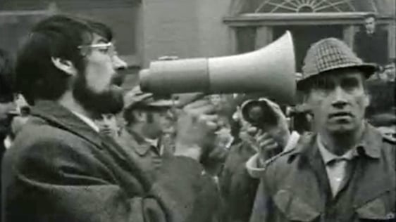 Tom Keane of the People's Democracy addresses the protesters on 11 January 1969.