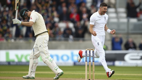 James Anderson celebrates as Adam Voges despairs