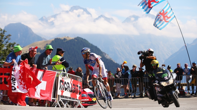 Thibaut Pinot of France and FDJ rides up the Alpe d'Huez on his way to winning the twentieth stage of the 2015 Tour de France