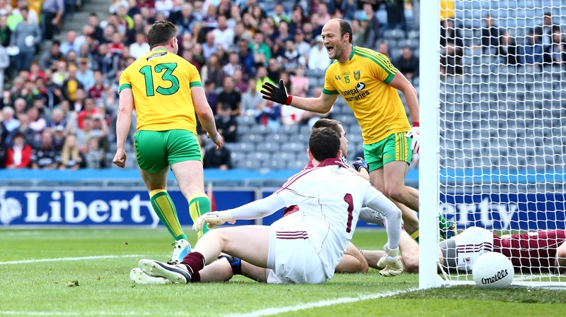 Donegal's Patrick McBrearty celebrates scoring the opening goal with Colm McFadden