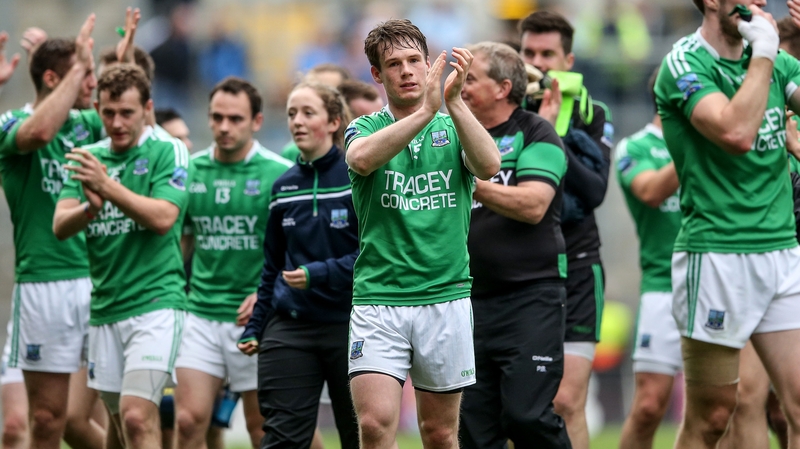 Tomás Corrigan of Fermanagh applauds their fans after the match