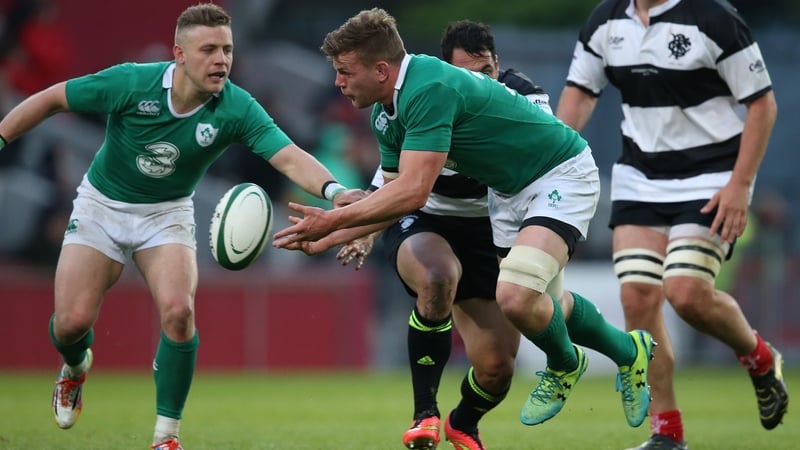 Jordi Murphy in action for an Ireland XV against the Barbarians in May
