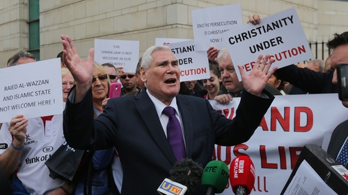 Pastor James McConnell speaking outside Belfast Magistrates' Court
