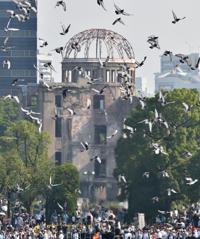 Doves fly over the Hiroshima Peace Memorial Park in western Japan