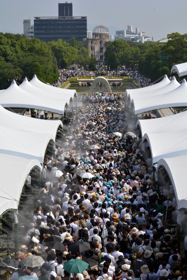 People visit the Peace Memorial Park to pray for victims of the atomic bombing in Hiroshima
