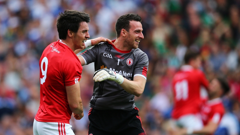 Niall Morgan (R) after Tyrone's All-Ireland quarter-final win over Monaghan last year