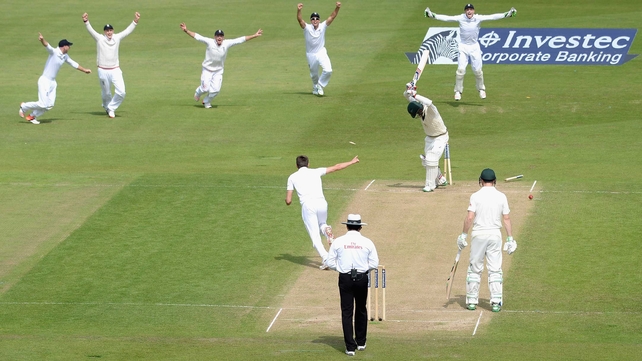 Nathan Lyon of Australia is bowled out by Mark Wood as England win the fourth Ashes Test at Trent Bridge