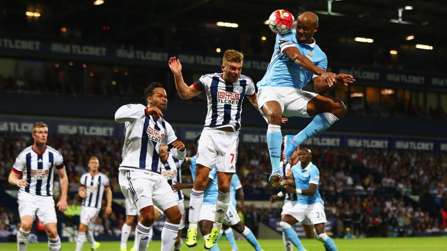 Vincent Kompany of Manchester City scores their third goal during their Premier League win over West Brom at the Hawthorns