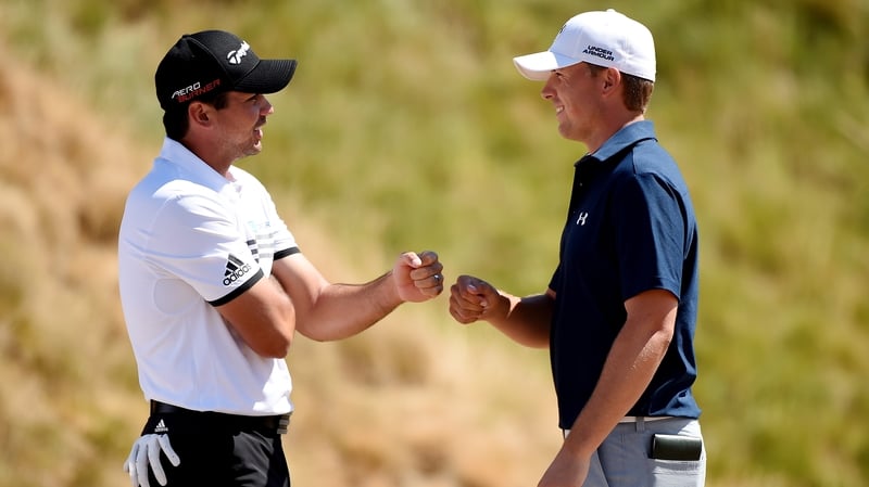Jason Day and Jordan Spieth share a fist pump before the third round at Whistling Straits