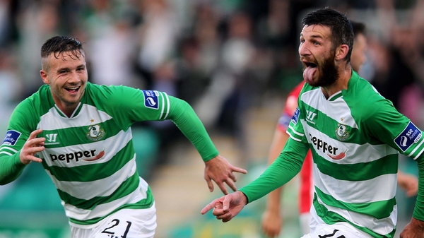 Gavin Brennan celebrates his opening goal as Rovers eased past the Cork City challenge
