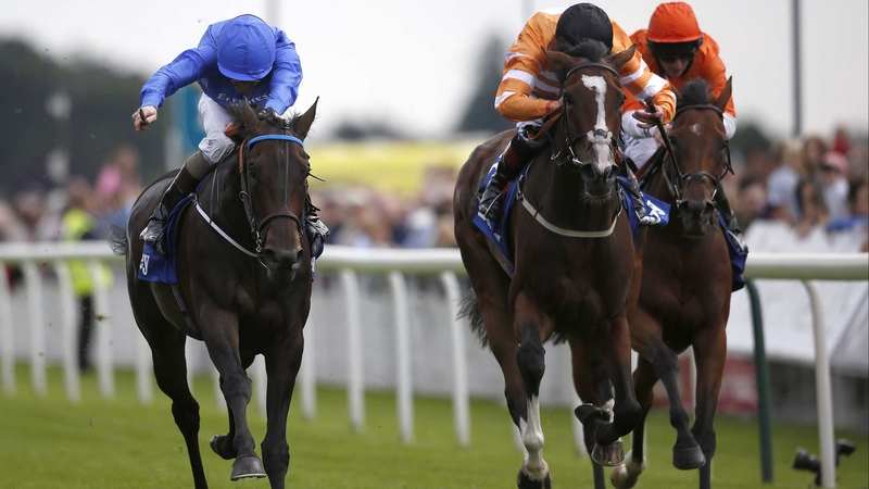 Pleascach (blue silks) gave Jim Bolger a third win in the Yorkshire Oaks